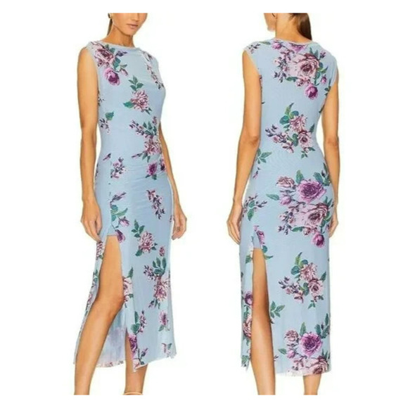 Free People Floral Carmel Mesh Midi Dress Size Medium Blue Stretch Side Slits - Picture 1 of 13